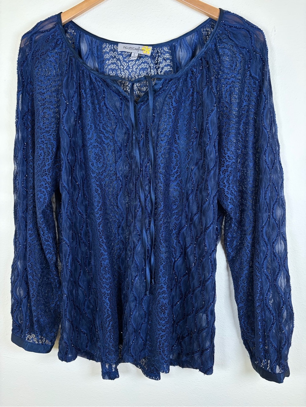 Figueroa & Flower Navy Lace Beaded Boho Peasant Blouse Sheer Long Sleeve Large
